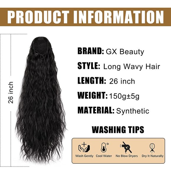 26 Inch Gx Beauty Long Black Curly Drawstring Ponytail - Picture 2 of 5